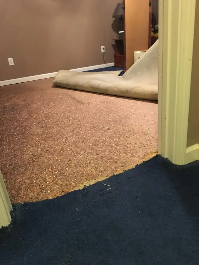 Carpet pad removal revealing water damage during Water Mitigation Services in Poplar Bluff
